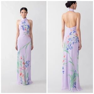 Sau Lee Gillian Halter Gown Maxi Dress Floral Lavender Purple Multi Size 8